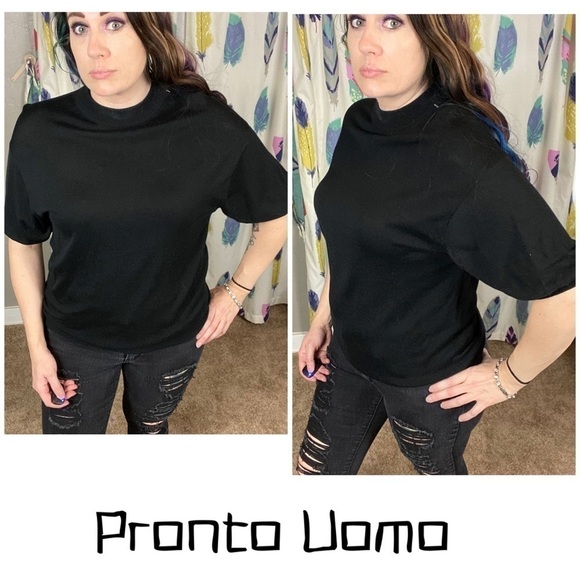 Pronto Uomo black silk blend mock neck short sleeve sweater.  Super soft - Picture 1 of 13